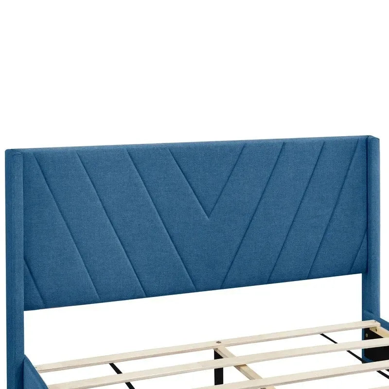 Queen Linen Upholstered Platform Bed 3 Drawers Geometric Headboard Blue Beige Gray Pink