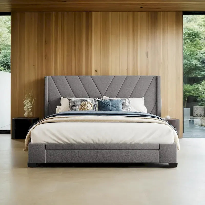 Queen Linen Upholstered Platform Bed 3 Drawers Geometric Headboard Blue Beige Gray Pink