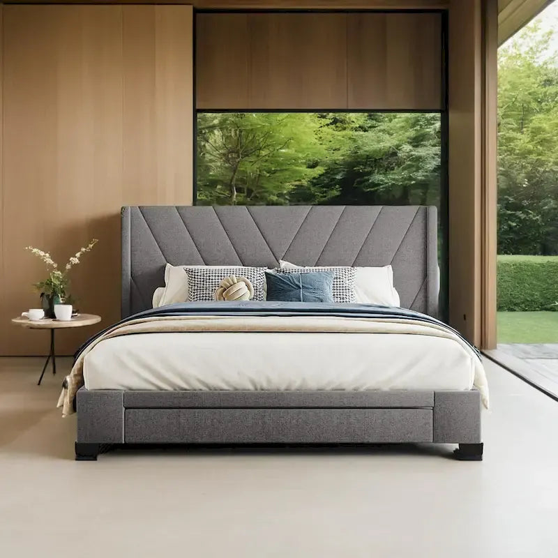Queen Linen Upholstered Platform Bed 3 Drawers Geometric Headboard Blue Beige Gray Pink
