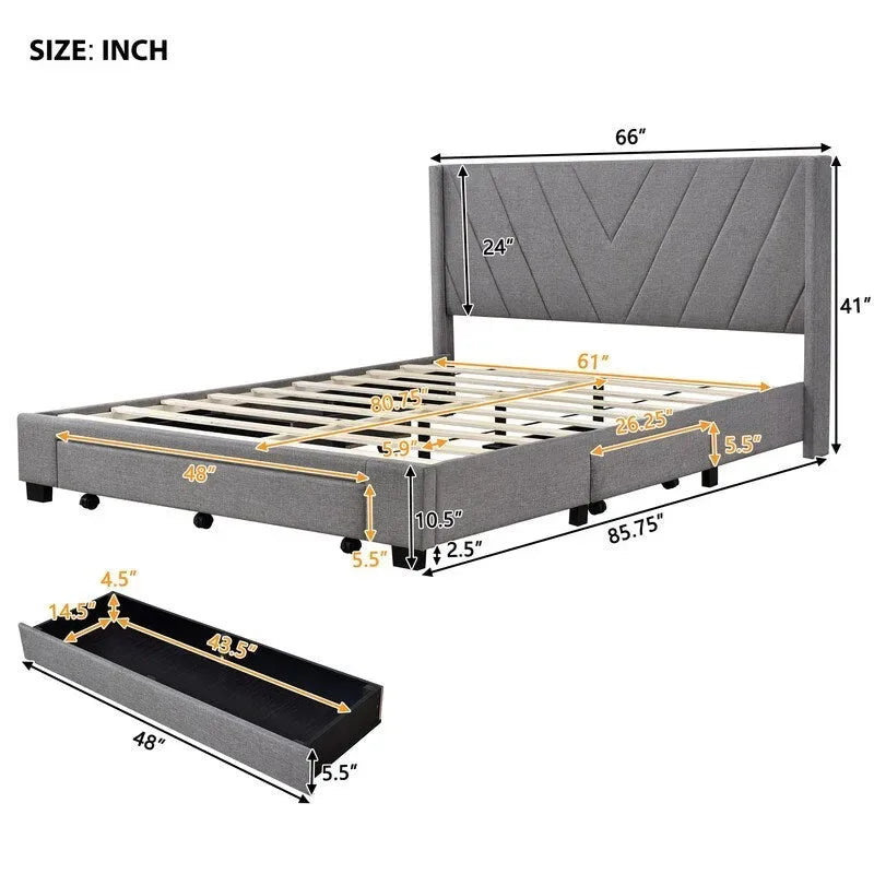Queen Linen Upholstered Platform Bed 3 Drawers Geometric Headboard Blue Beige Gray Pink