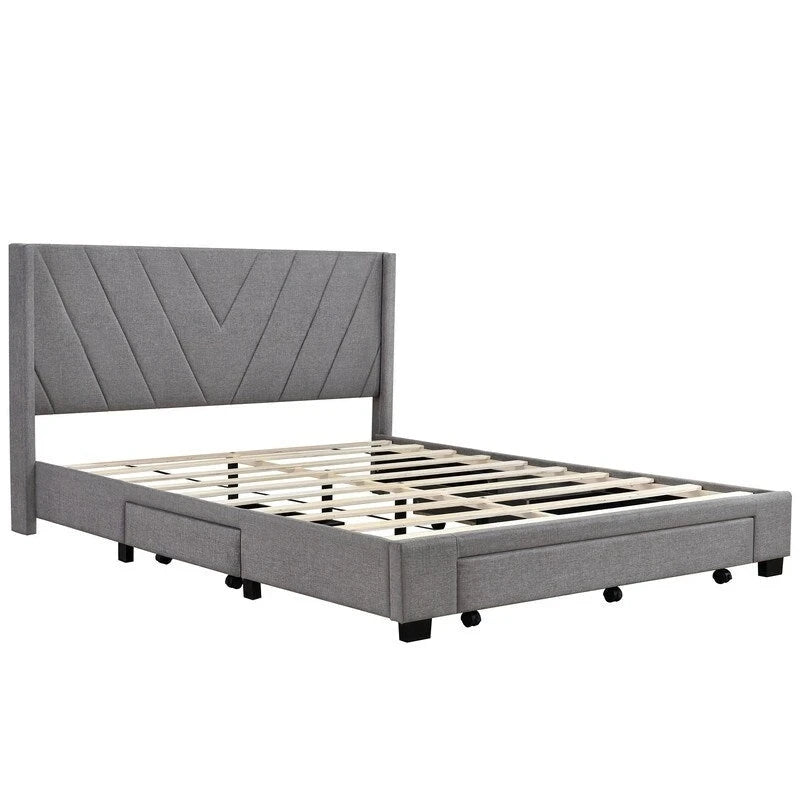 Queen Linen Upholstered Platform Bed 3 Drawers Geometric Headboard Blue Beige Gray Pink