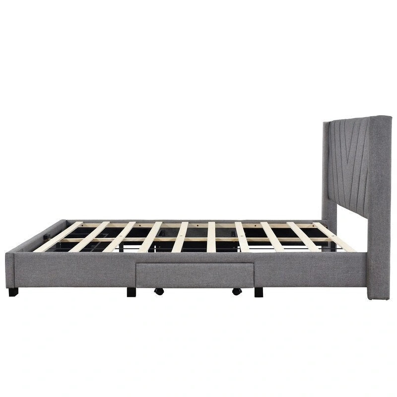 Queen Linen Upholstered Platform Bed 3 Drawers Geometric Headboard Blue Beige Gray Pink