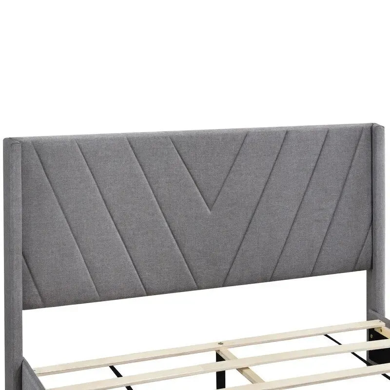 Queen Linen Upholstered Platform Bed 3 Drawers Geometric Headboard Blue Beige Gray Pink