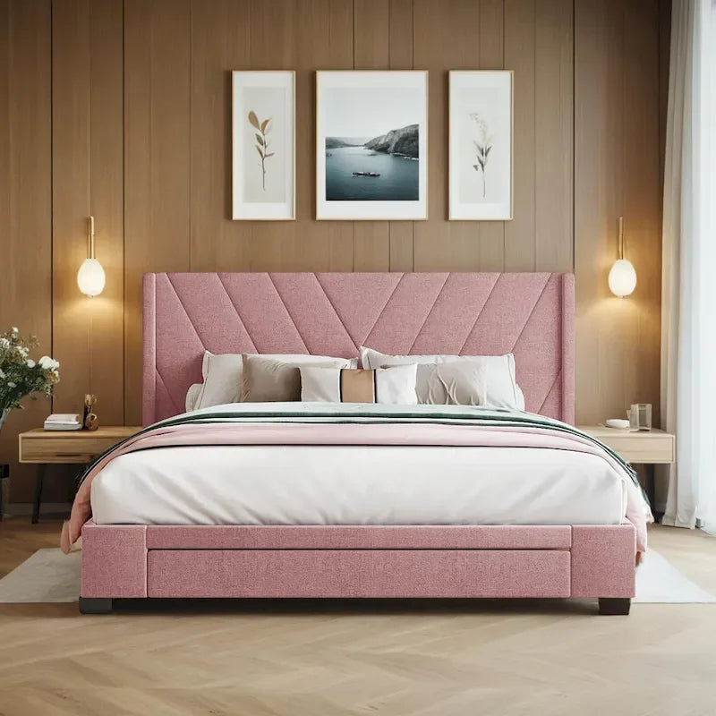Queen Linen Upholstered Platform Bed 3 Drawers Geometric Headboard Blue Beige Gray Pink