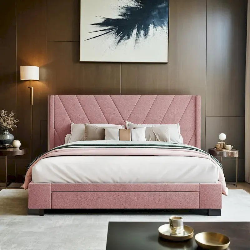 Queen Linen Upholstered Platform Bed 3 Drawers Geometric Headboard Blue Beige Gray Pink