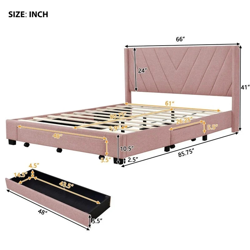 Queen Linen Upholstered Platform Bed 3 Drawers Geometric Headboard Blue Beige Gray Pink