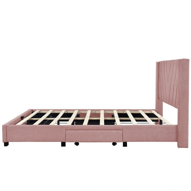 Queen Linen Upholstered Platform Bed 3 Drawers Geometric Headboard Blue Beige Gray Pink