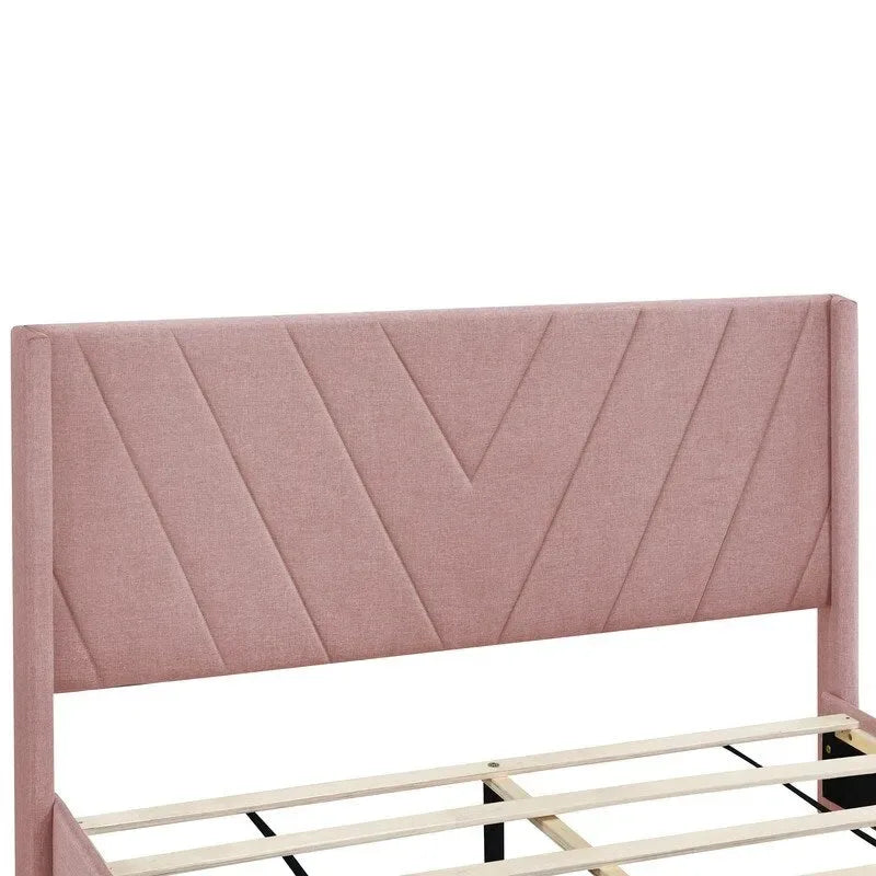 Queen Linen Upholstered Platform Bed 3 Drawers Geometric Headboard Blue Beige Gray Pink