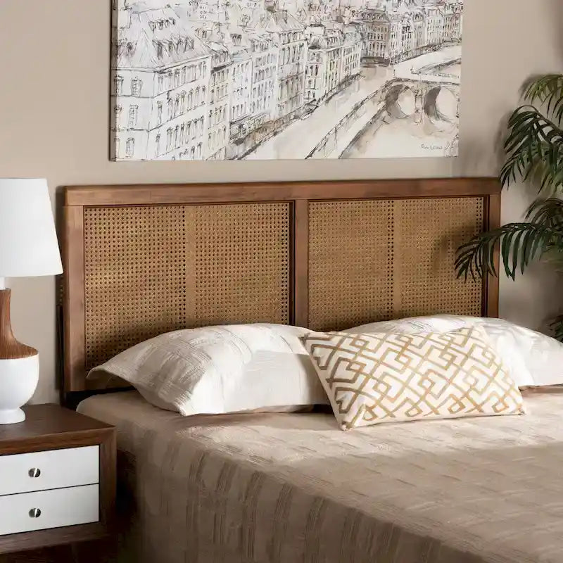 Mid-Century Rubberwood Synthetic Rattan Headboard Height Adjustable Ash Walnut Full Queen King