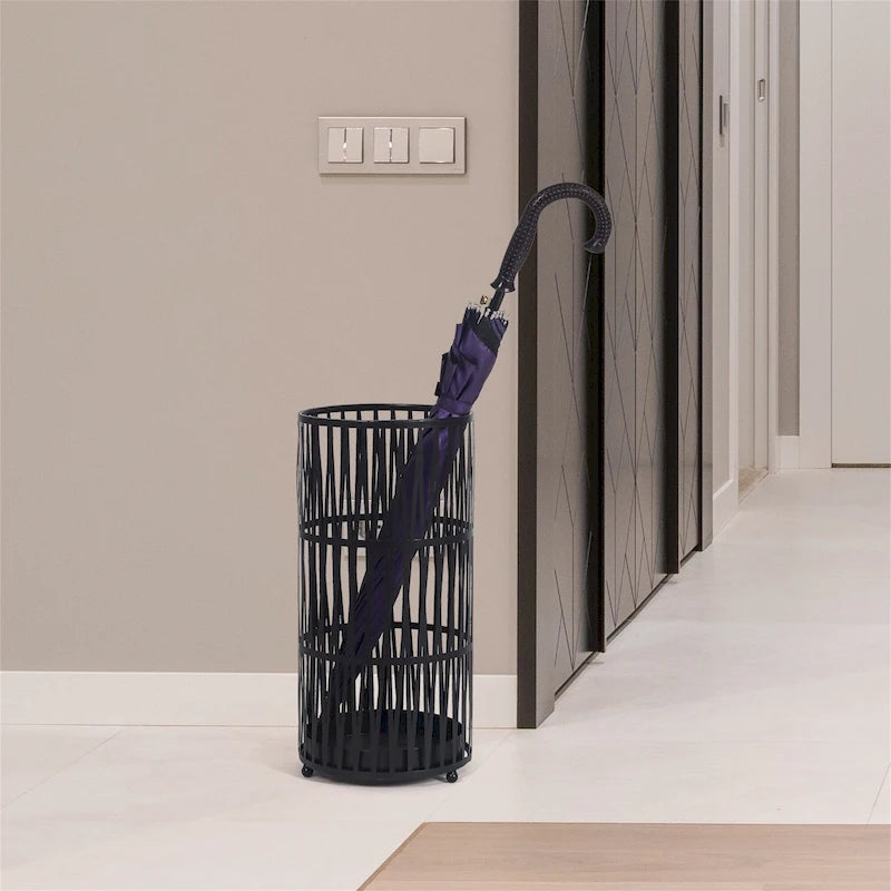 Round Metal Umbrella Stand Open Weave Removable Drip Tray Entryway Black Gold