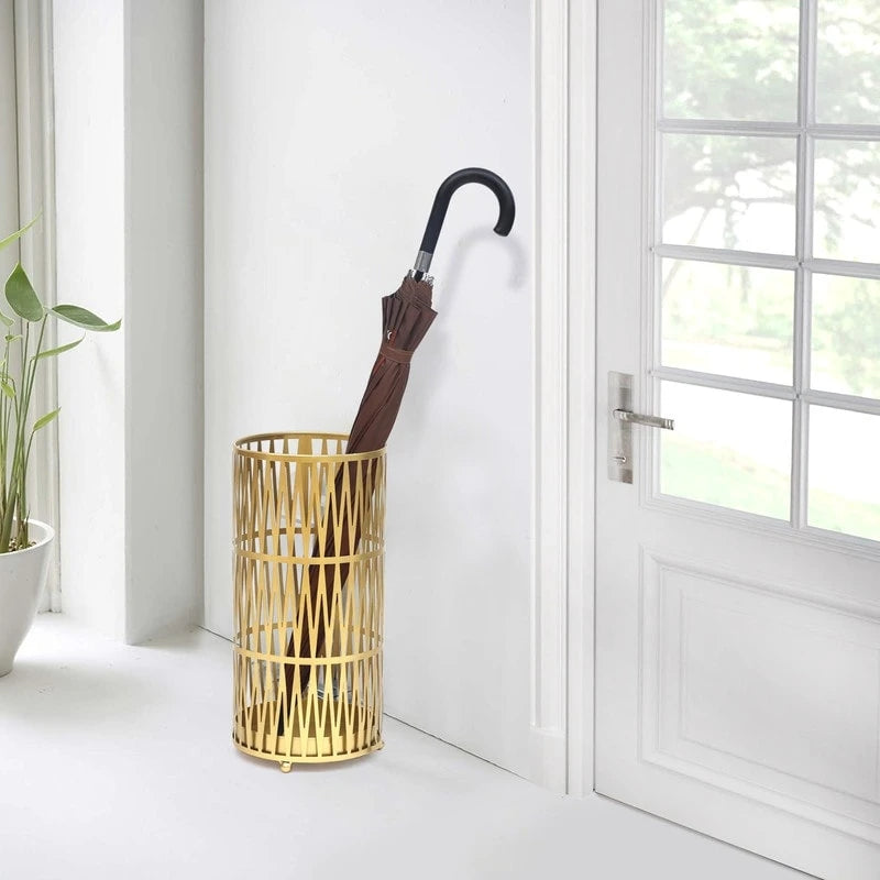 ADECO Stand Gold / Black Round RackMetal Umbrella Cane Walk Stick Drip Tray - 9. 2x9. 2x19
