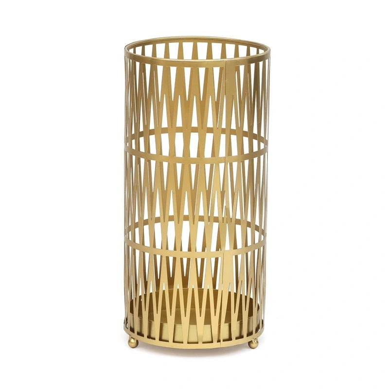 Round Metal Umbrella Stand Open Weave Removable Drip Tray Entryway Black Gold