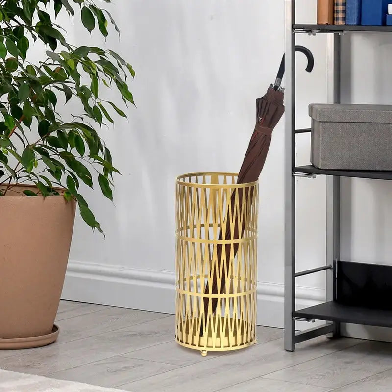 Round Metal Umbrella Stand Open Weave Removable Drip Tray Entryway Black Gold