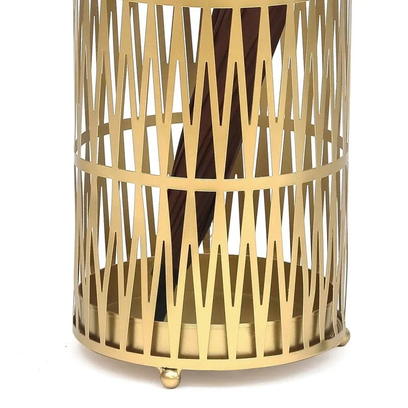 Round Metal Umbrella Stand Open Weave Removable Drip Tray Entryway Black Gold