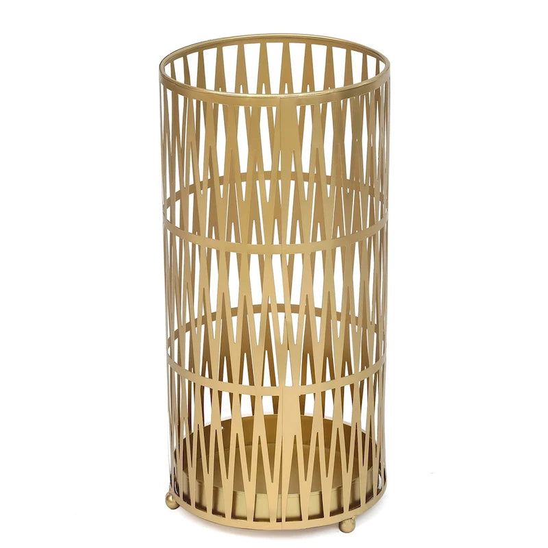 Round Metal Umbrella Stand Open Weave Removable Drip Tray Entryway Black Gold