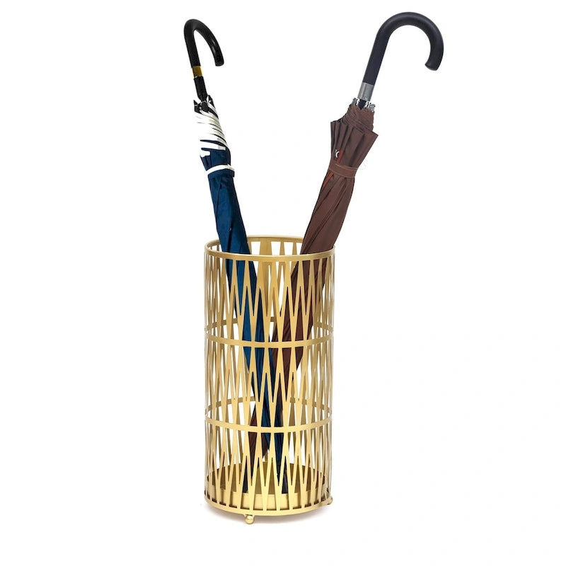 Round Metal Umbrella Stand Open Weave Removable Drip Tray Entryway Black Gold