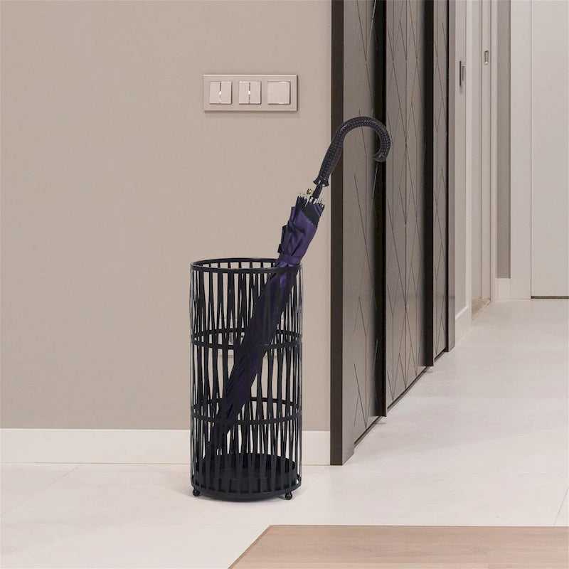 Round Metal Umbrella Stand Open Weave Removable Drip Tray Entryway Black Gold