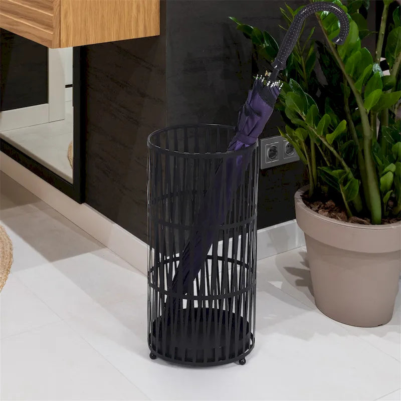 Round Metal Umbrella Stand Open Weave Removable Drip Tray Entryway Black Gold