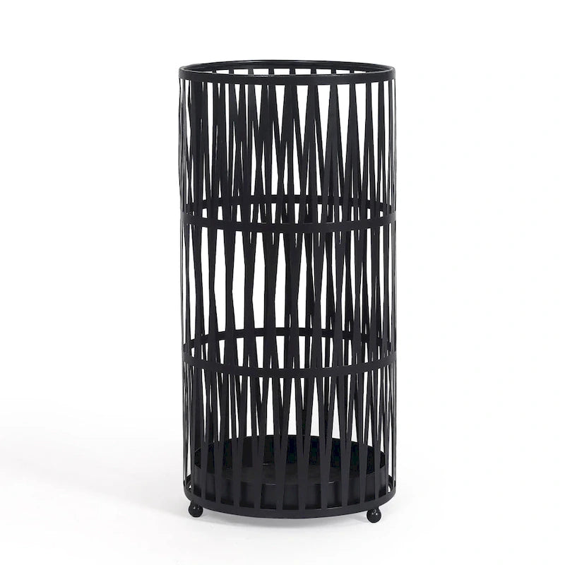 Round Metal Umbrella Stand Open Weave Removable Drip Tray Entryway Black Gold