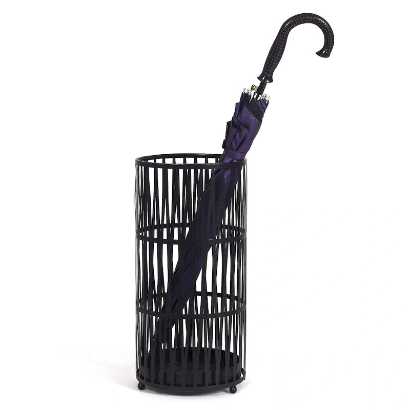Round Metal Umbrella Stand Open Weave Removable Drip Tray Entryway Black Gold