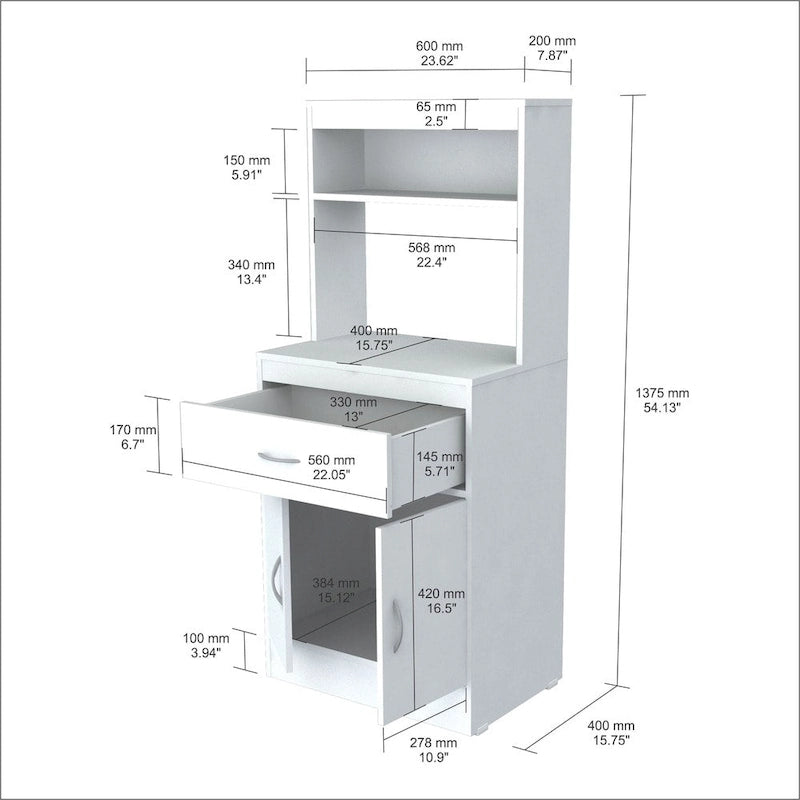 Microwave Cart Kitchen Storage Cabinet Drawer Open Shelves Double Door White