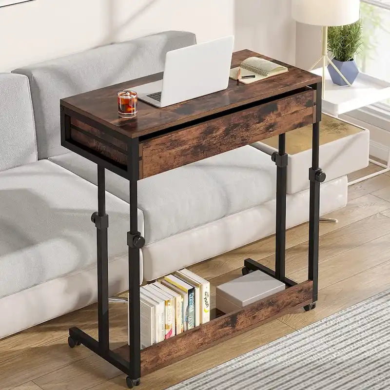 Height Adjustable Rolling Laptop Desk Drawer Open Shelf Particle Board Brown