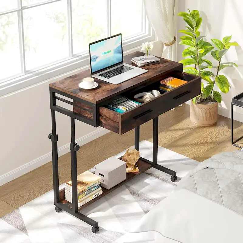 Height Adjustable Rolling Laptop Desk Drawer Open Shelf Particle Board Brown