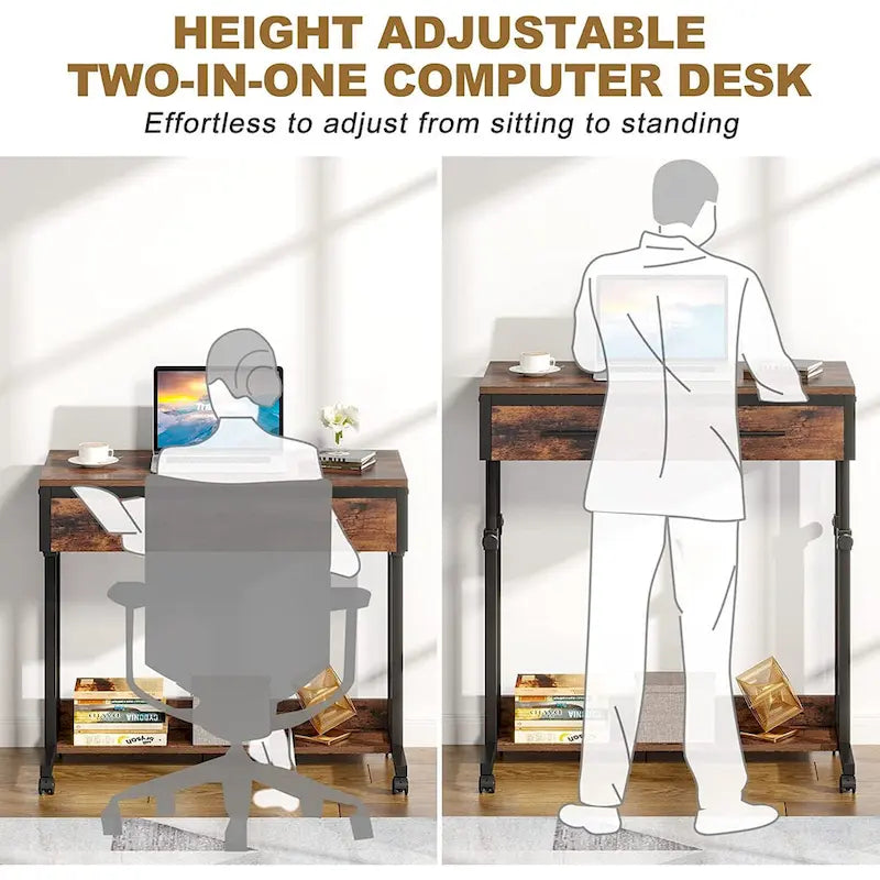 Height Adjustable Rolling Laptop Desk Drawer Open Shelf Particle Board Brown