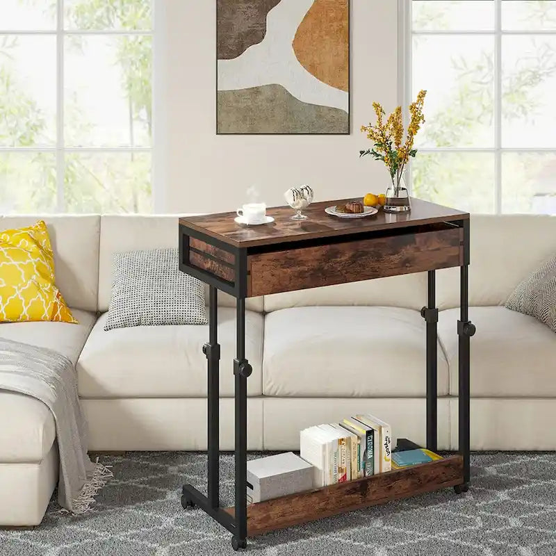Height Adjustable Rolling Laptop Desk Drawer Open Shelf Particle Board Brown
