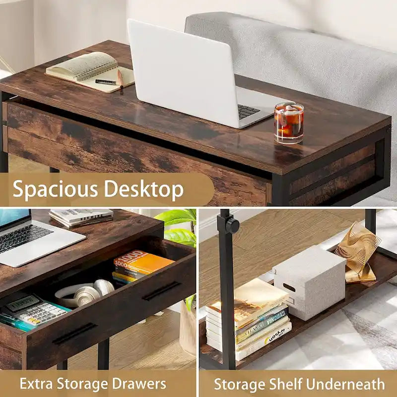 Height Adjustable Rolling Laptop Desk Drawer Open Shelf Particle Board Brown