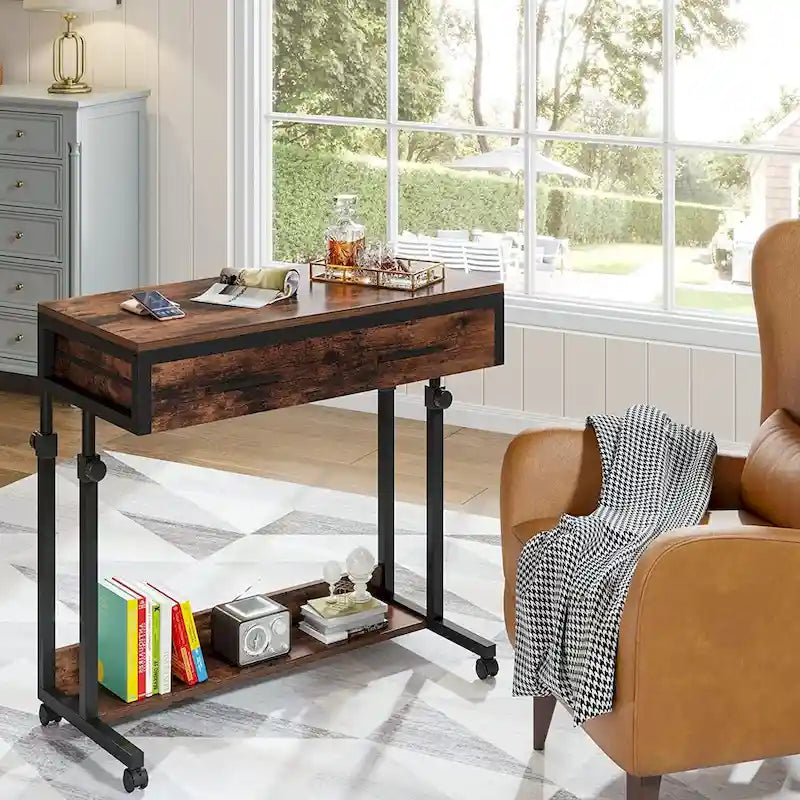 Height Adjustable Rolling Laptop Desk Drawer Open Shelf Particle Board Brown