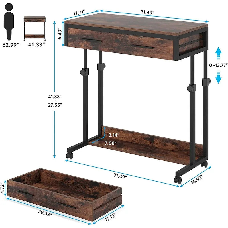 Height Adjustable Rolling Laptop Desk Drawer Open Shelf Particle Board Brown