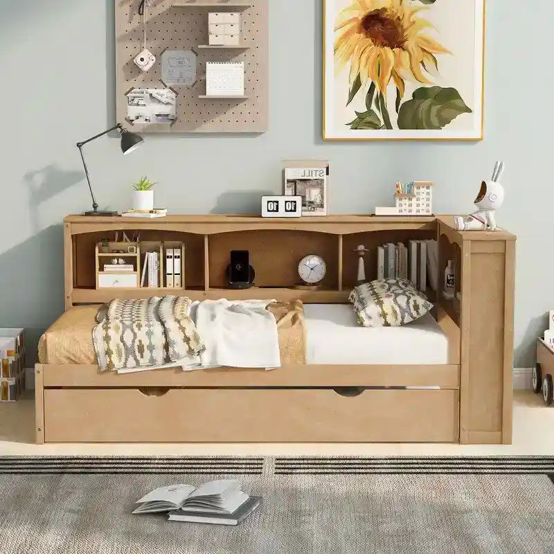 Twin Daybed with Trundle 5 Storage Cabinets USB Ports Pine Wood Natural White