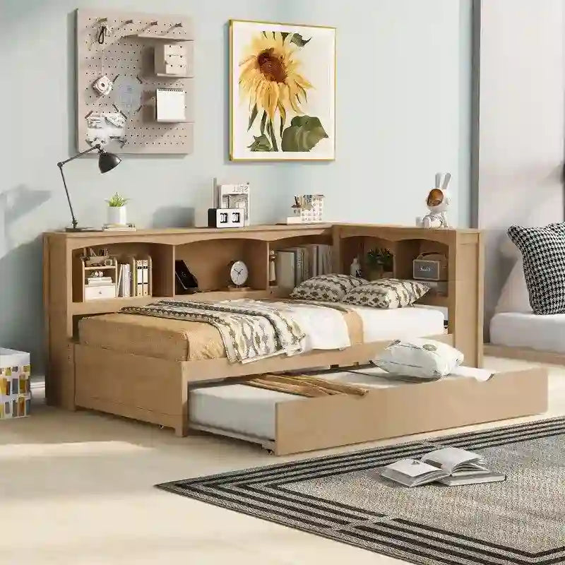 Twin Daybed with Trundle 5 Storage Cabinets USB Ports Pine Wood Natural White