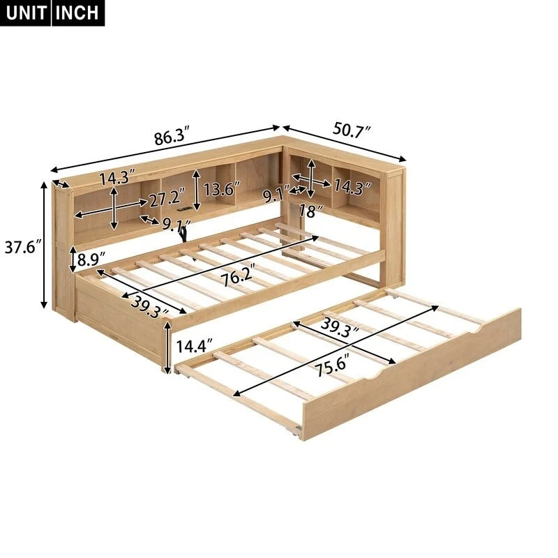 Twin Daybed with Trundle 5 Storage Cabinets USB Ports Pine Wood Natural White