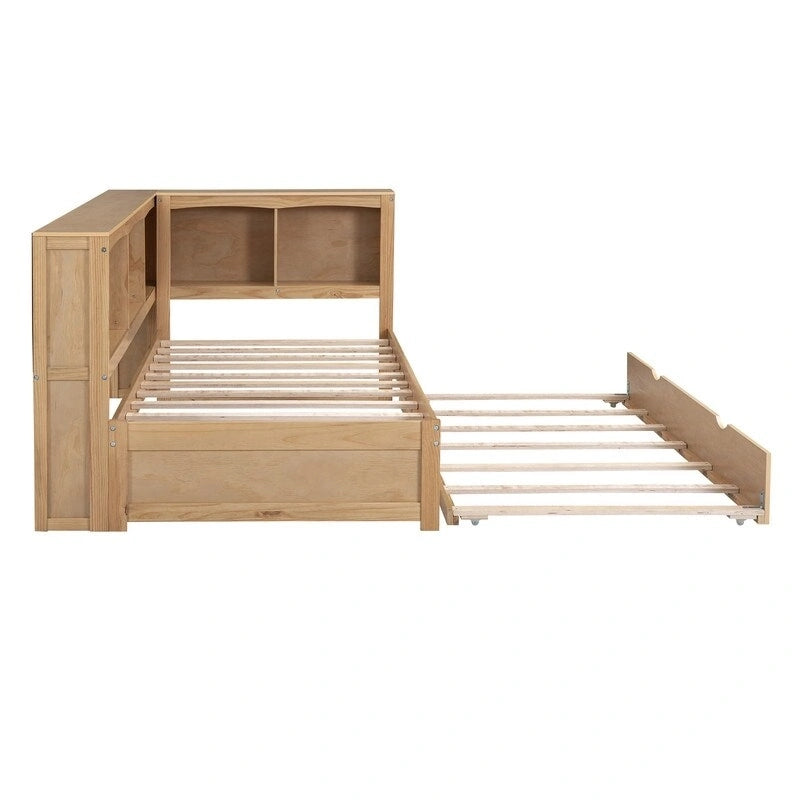 Twin Daybed with Trundle 5 Storage Cabinets USB Ports Pine Wood Natural White