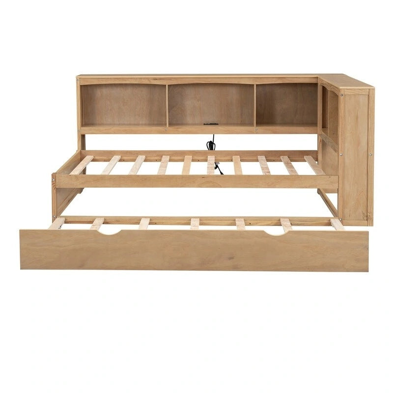 Twin Daybed with Trundle 5 Storage Cabinets USB Ports Pine Wood Natural White