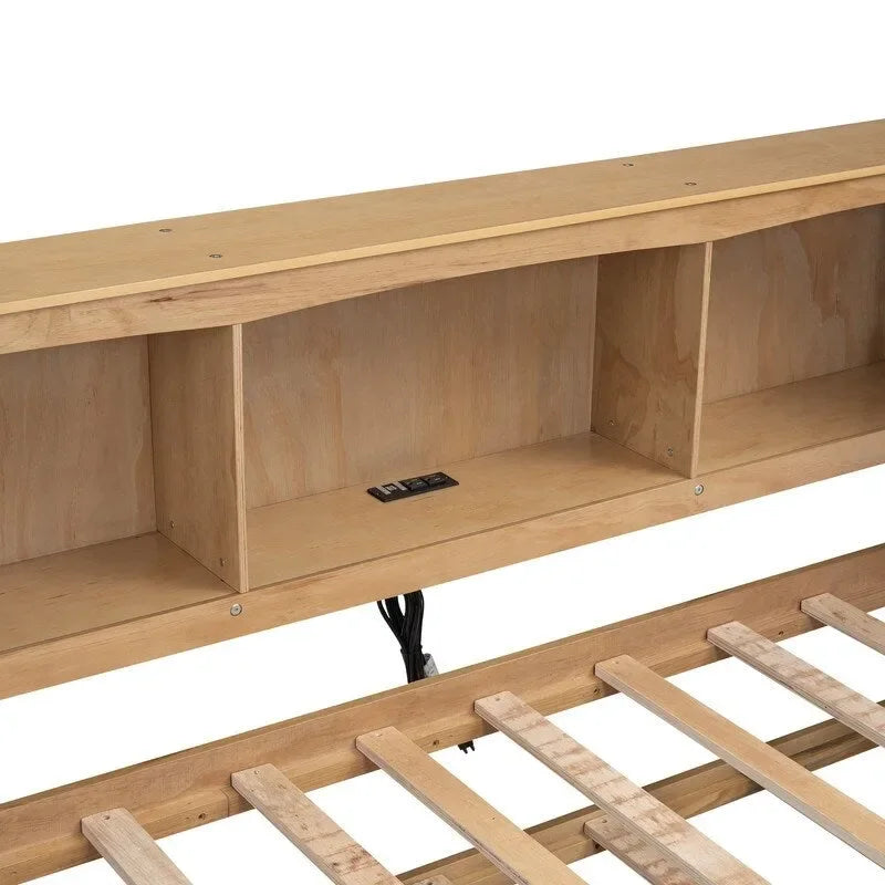 Twin Daybed with Trundle 5 Storage Cabinets USB Ports Pine Wood Natural White
