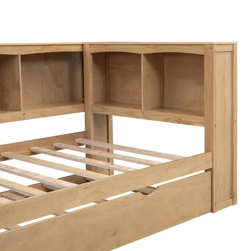 Twin Daybed with Trundle 5 Storage Cabinets USB Ports Pine Wood Natural White