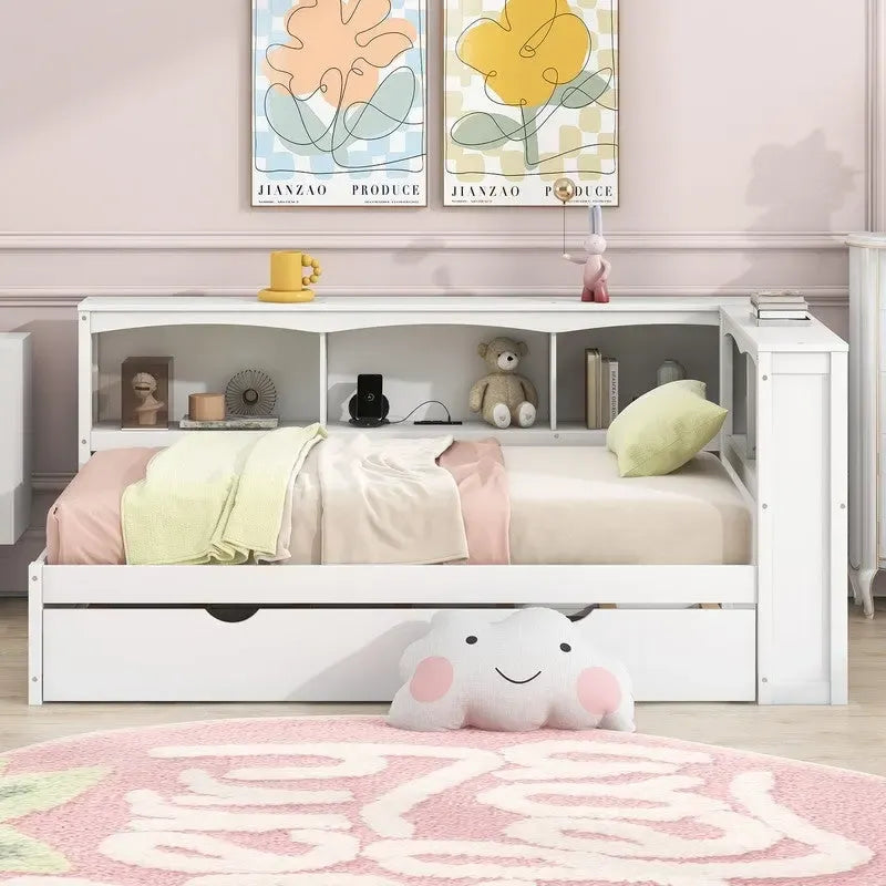Twin Daybed with Trundle 5 Storage Cabinets USB Ports Pine Wood Natural White