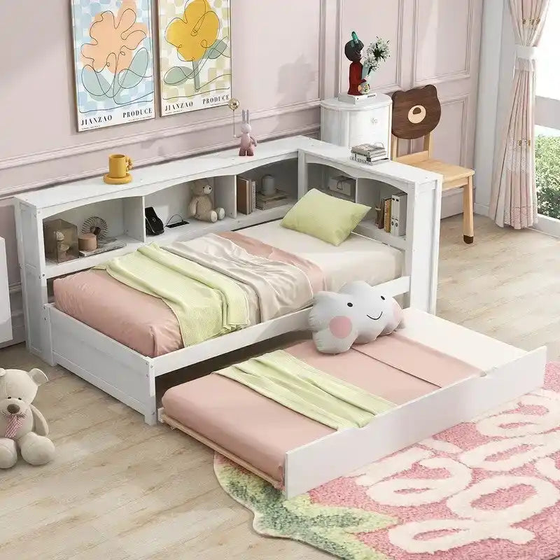 Twin Daybed with Trundle 5 Storage Cabinets USB Ports Pine Wood Natural White