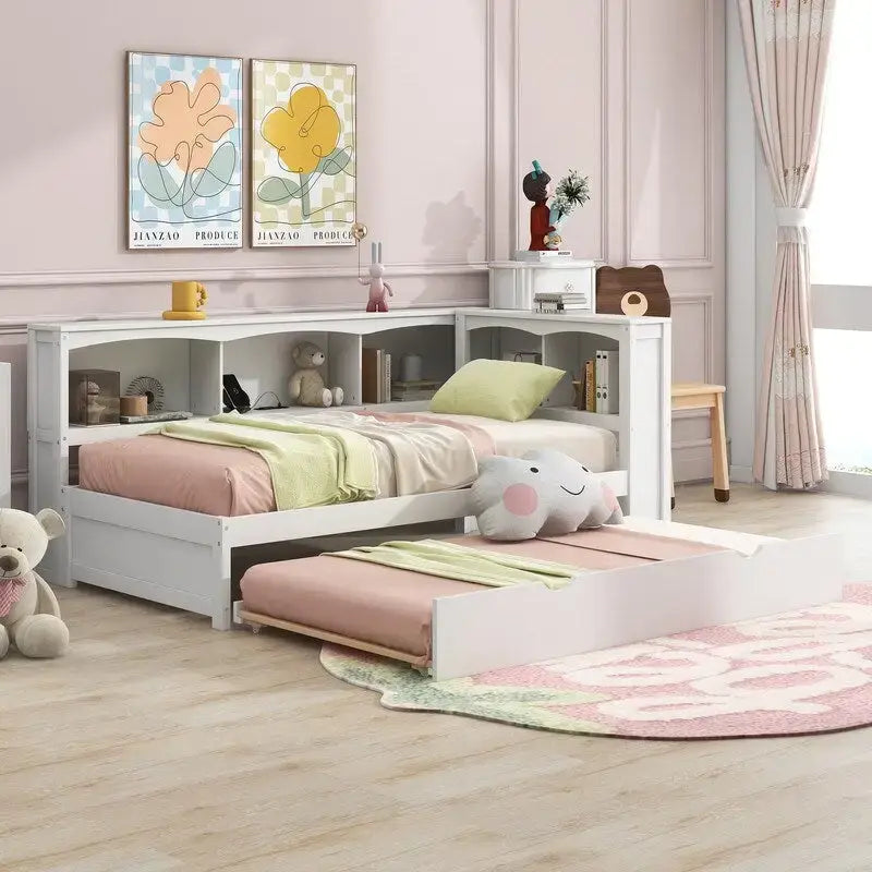 Twin Daybed with Trundle 5 Storage Cabinets USB Ports Pine Wood Natural White