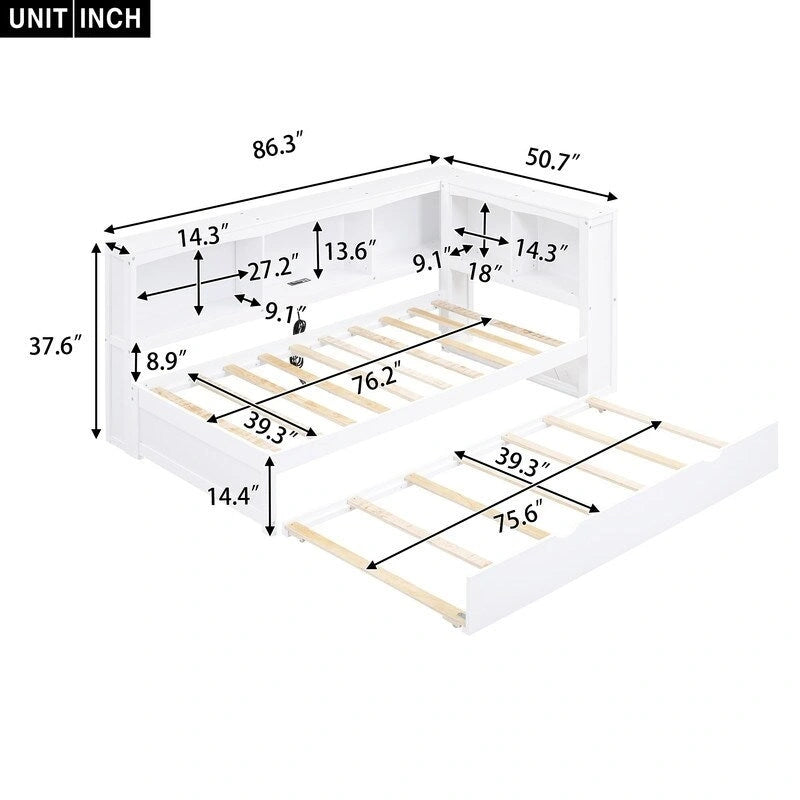 Twin Daybed with Trundle 5 Storage Cabinets USB Ports Pine Wood Natural White
