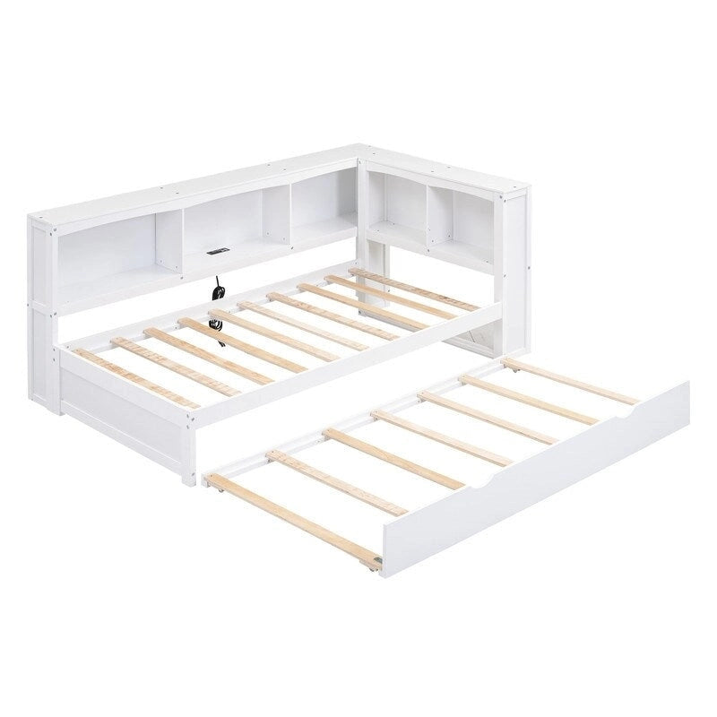 Twin Daybed with Trundle 5 Storage Cabinets USB Ports Pine Wood Natural White