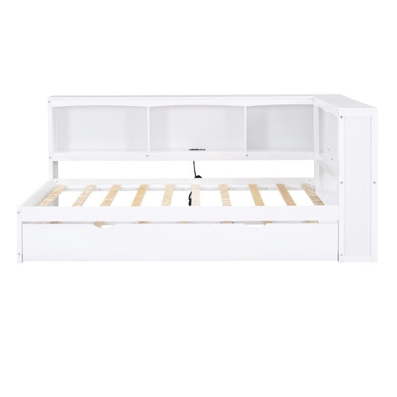Twin Daybed with Trundle 5 Storage Cabinets USB Ports Pine Wood Natural White