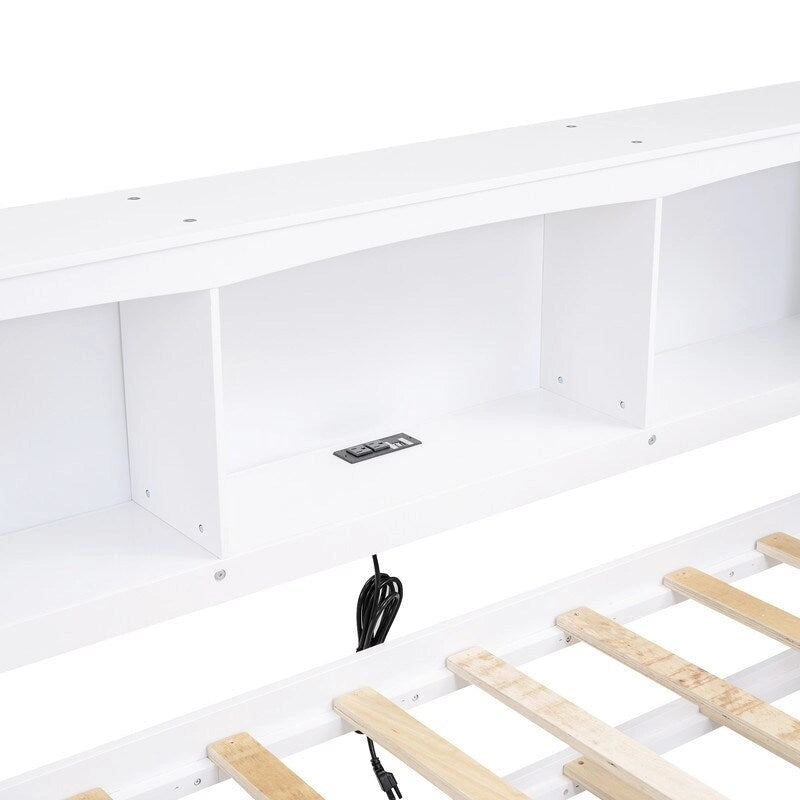 Twin Daybed with Trundle 5 Storage Cabinets USB Ports Pine Wood Natural White