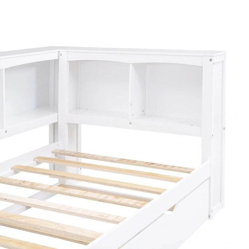 Twin Daybed with Trundle 5 Storage Cabinets USB Ports Pine Wood Natural White