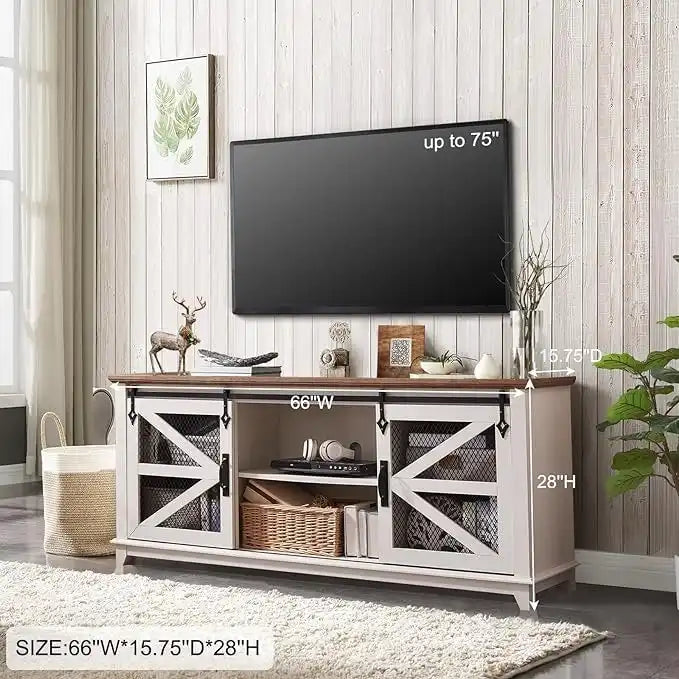 Farmhouse TV Stand Sliding Barn Door Mesh Cabinet 66 Inch Antique White Oak
