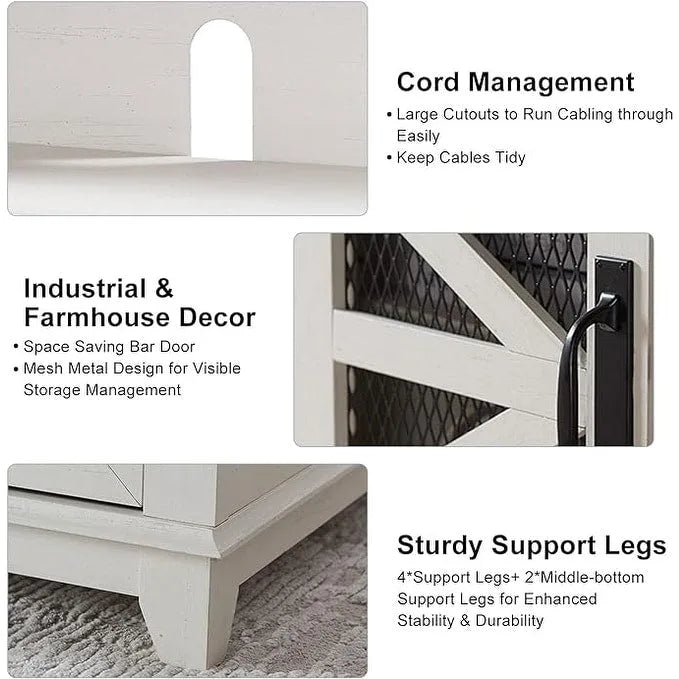 Farmhouse TV Stand Sliding Barn Door Mesh Cabinet 66 Inch Antique White Oak