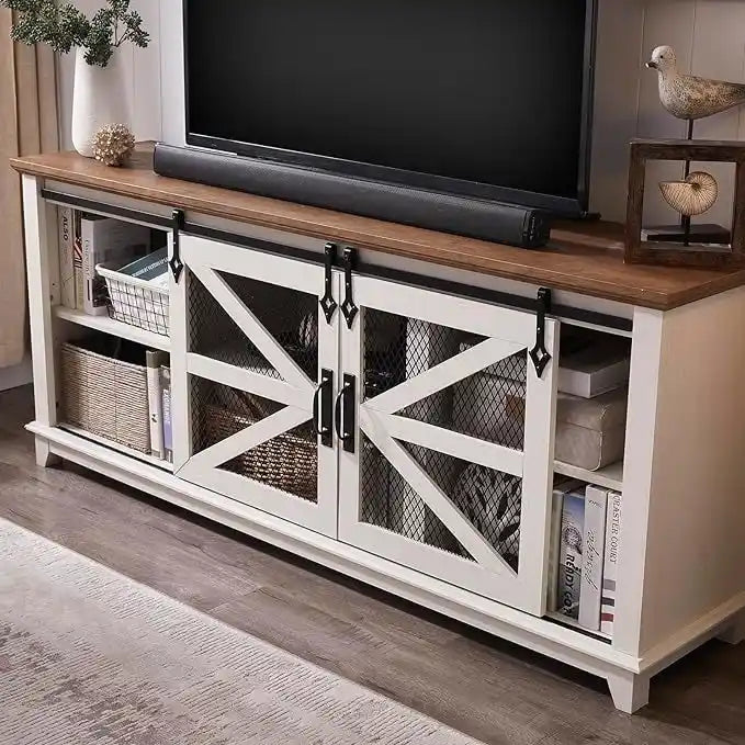 TV-Schrank im Landhausstil mit Schiebetür im Scheunenstil und Gittertüren, 66 Zoll, antikweiß, Eiche